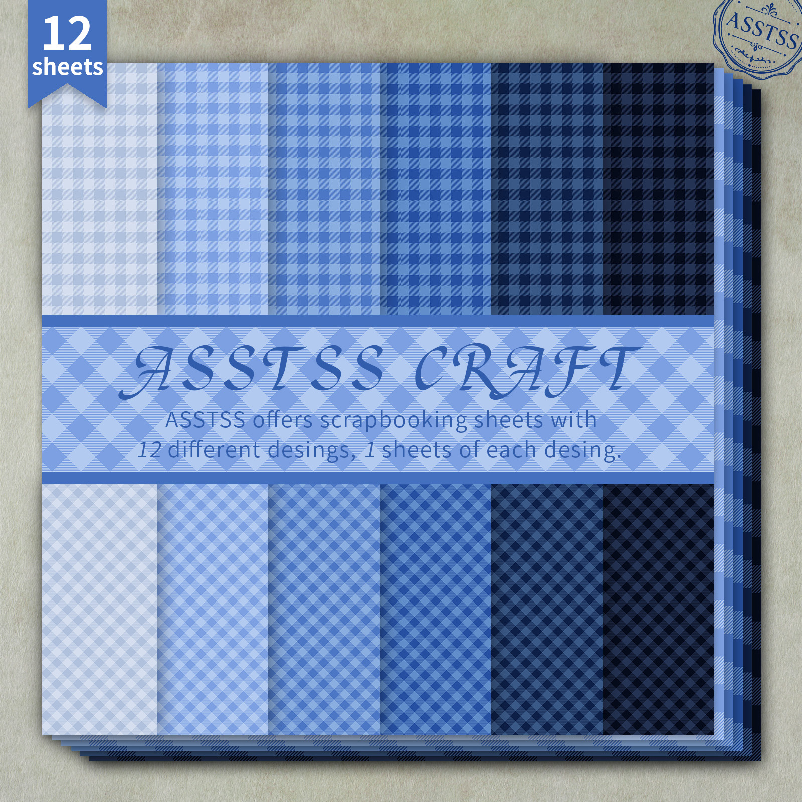 TEMU 12-sheet Asstss Heavyweight Scrapbooking Paper Pad Suitable For Journaling, Collage Art & Crafts - Blue Gradient Gingham With Honey Theme, 6"x6"