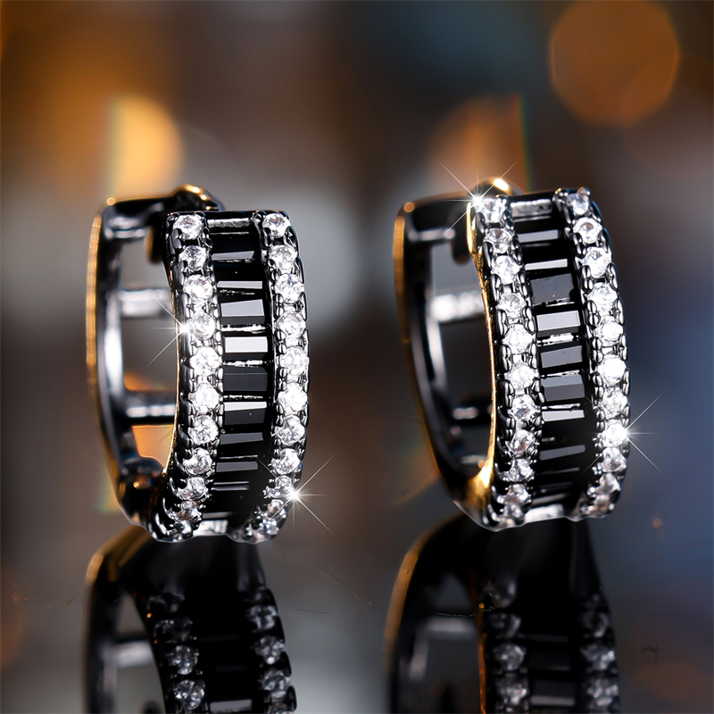 TEMU 1 Pair Stylish & Black Synthetic Synthetic Zirconia ' Earrings, Double-row Glittering Embellishments, Perfect For Gala Evenings & Daily Trendy