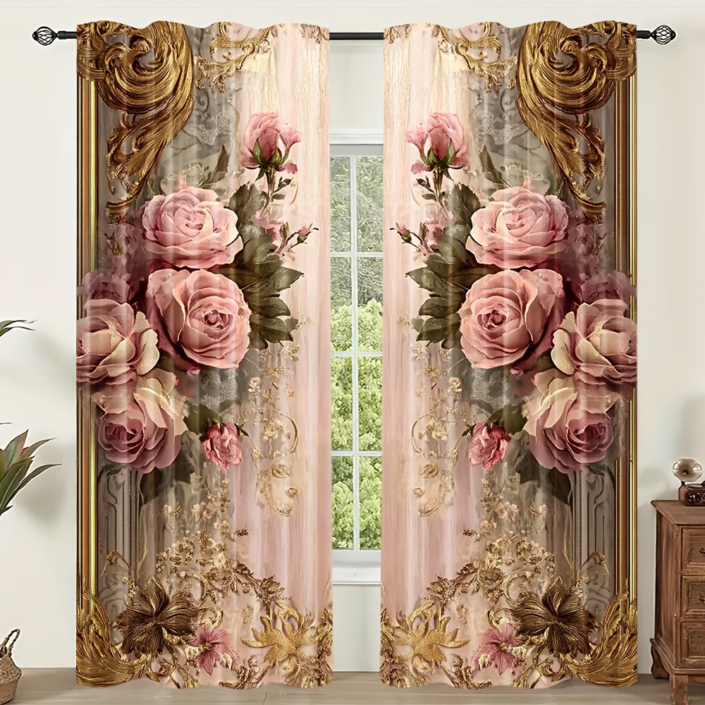 TEMU 2d Flat, 2pcs 2d Printed 21.65x59in/55x150cm, Modern Elegant Curtains, Floral Curtains, Extra Large Fabric, For Decoration Of Living Room,