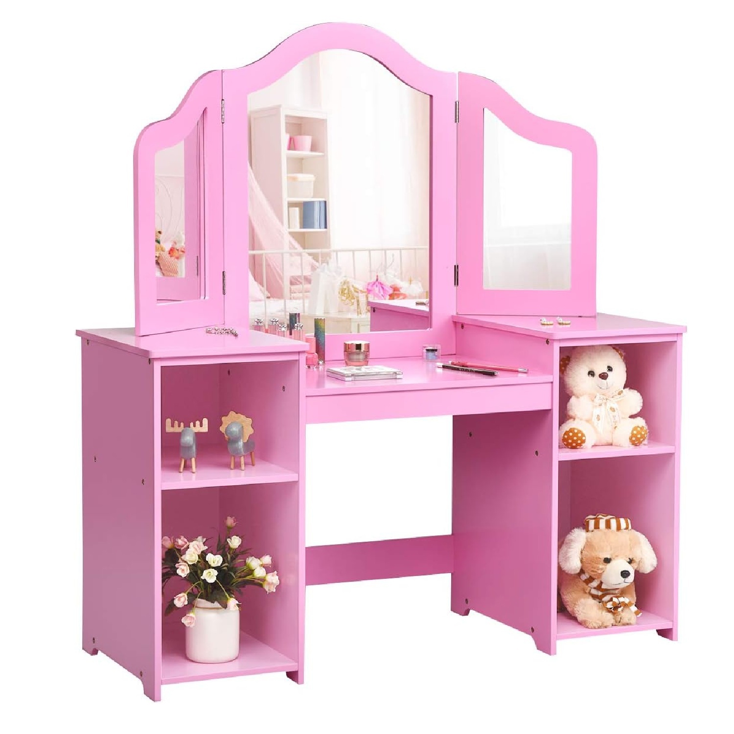 Image of Kids Vanity Table, 2-in-1 Princess Makeup Table With Tri-folding Mirror And 4 Storage Shelves, Children Dressing Table For Kids And Toddlers