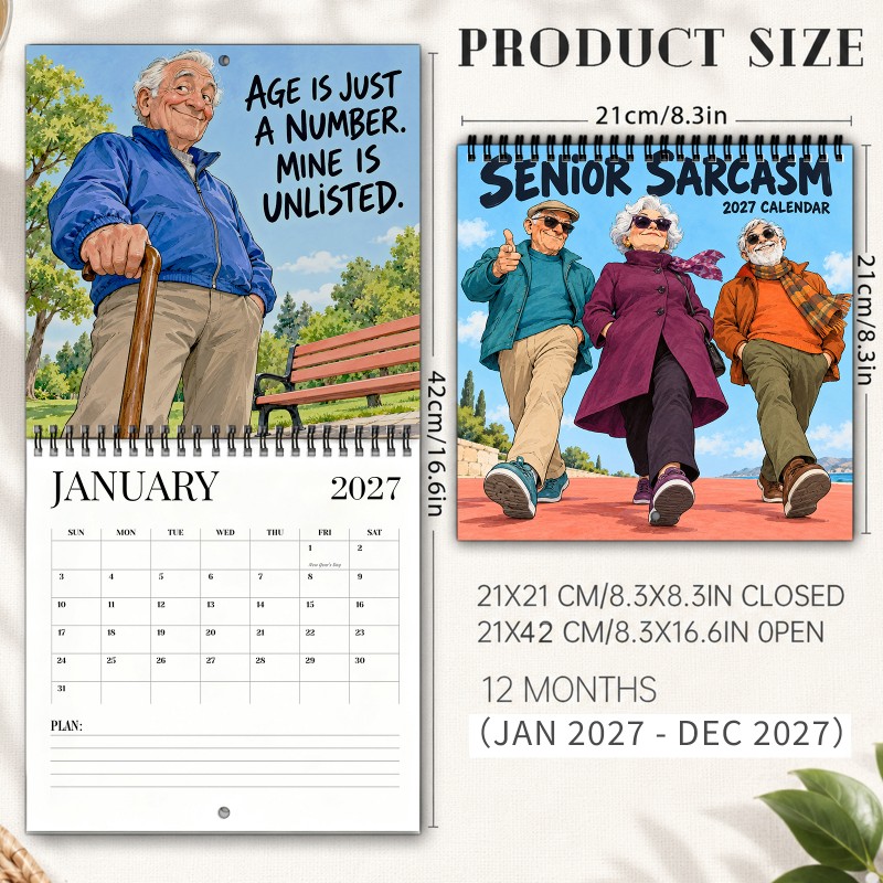 TEMU Senior Sarcasm 2027 Wall Calendar 12-month Spiral-bound Hanging Calendar With Active Aging & Everyday Quotes Thick Paper & Marked Holidays Home