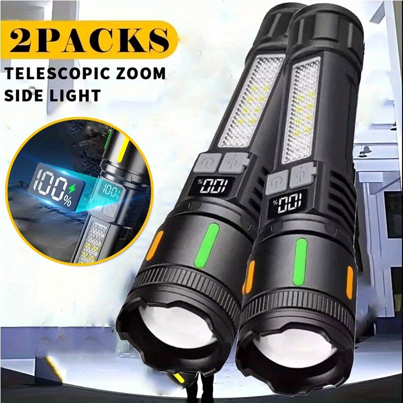TEMU 2-pack Handheld Led Flashlights Usb Rechargeable Abs Work Lights With Cob Side Lamp High Power Led 5 150-350 Emergency Lighting For Outdoors,
