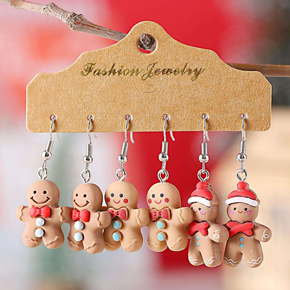 

3 Pairs Of Valentine's Day Cute Cartoon Gingerbread For Man Earrings With Bow Pendants Creative Resin Gingerbread For Man Earrings And Ear Ornaments Holiday Accessories Party Gifts