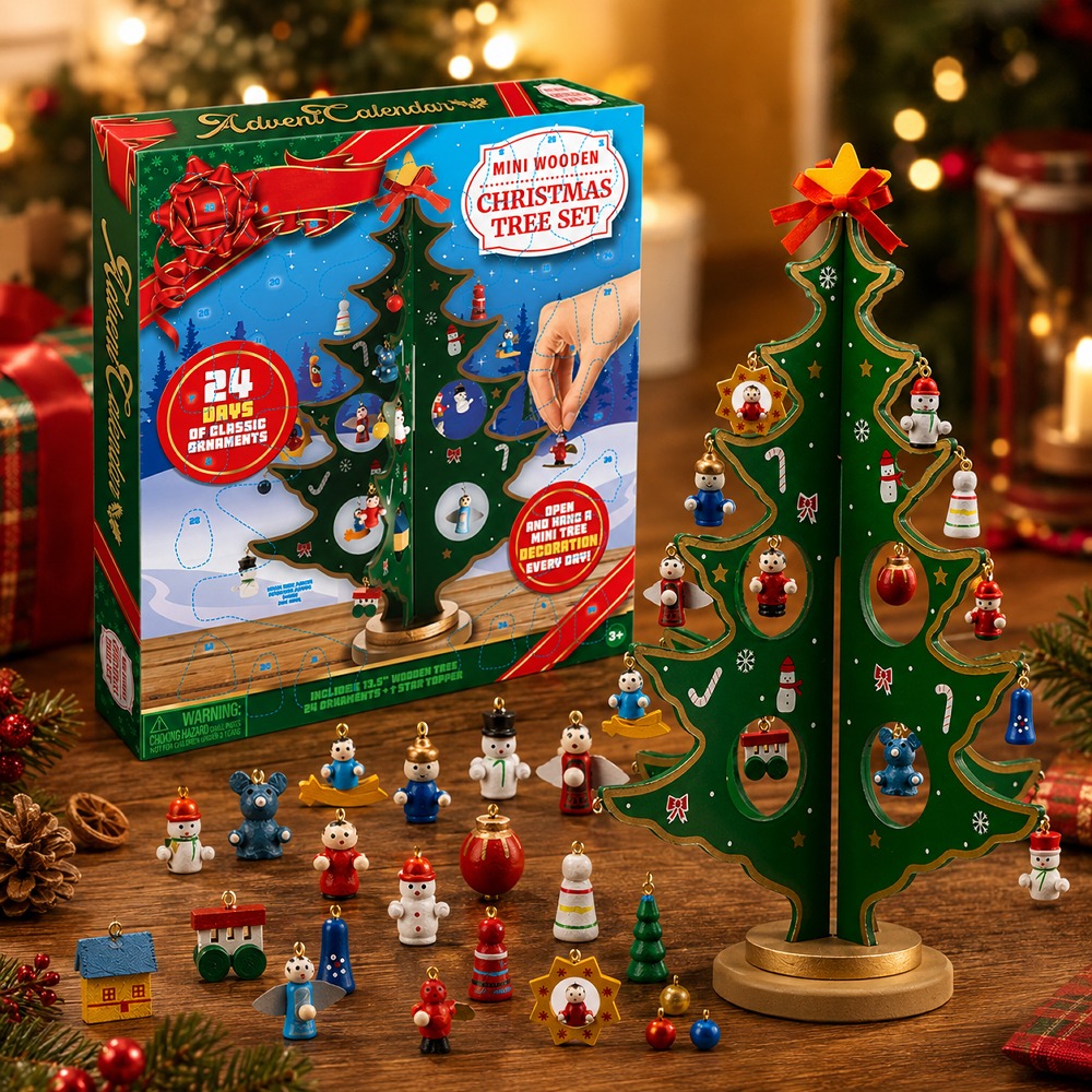 TEMU Christmas 24 Days Countdown Advent Calendar With A Tabletop Wooden Christmas Tree And 28 Ornaments Snowman Santa Decorations For Boys, Girls And