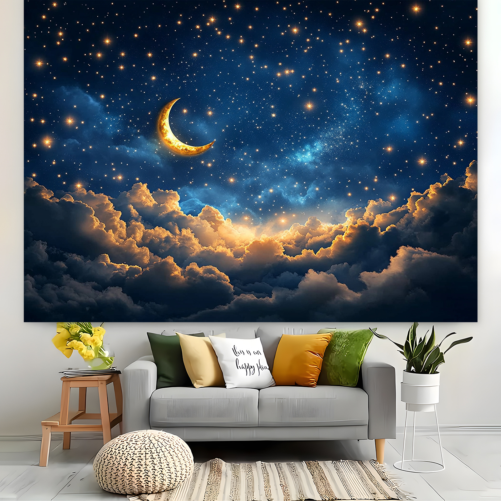 Wandkleed met sterrenhemel en maan voor romantische slaapkamer_voghion.com