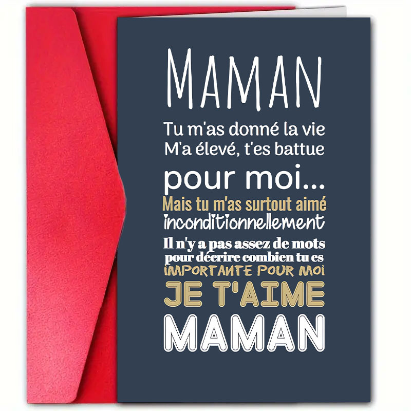 TEMU 1 Carte de Fête des Mères en français avec enveloppe - Message "Je t'aime inconditionnellement" de la part d'un fils ou d'une fille, 4.72 pouces