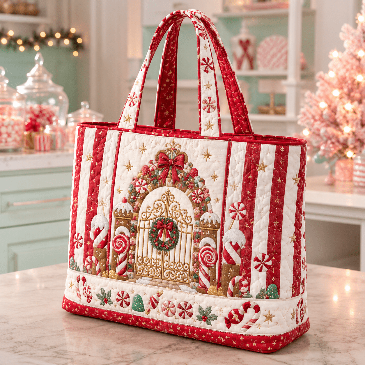 Image of 17 X 15 Inch Women's Gingerbread House Pattern Quilted Tote Bag Large Capacity Soft Shoulder Bag For Travel, Work, School, Gym, Candy Door, , Top For Christmas Halloween Gifts