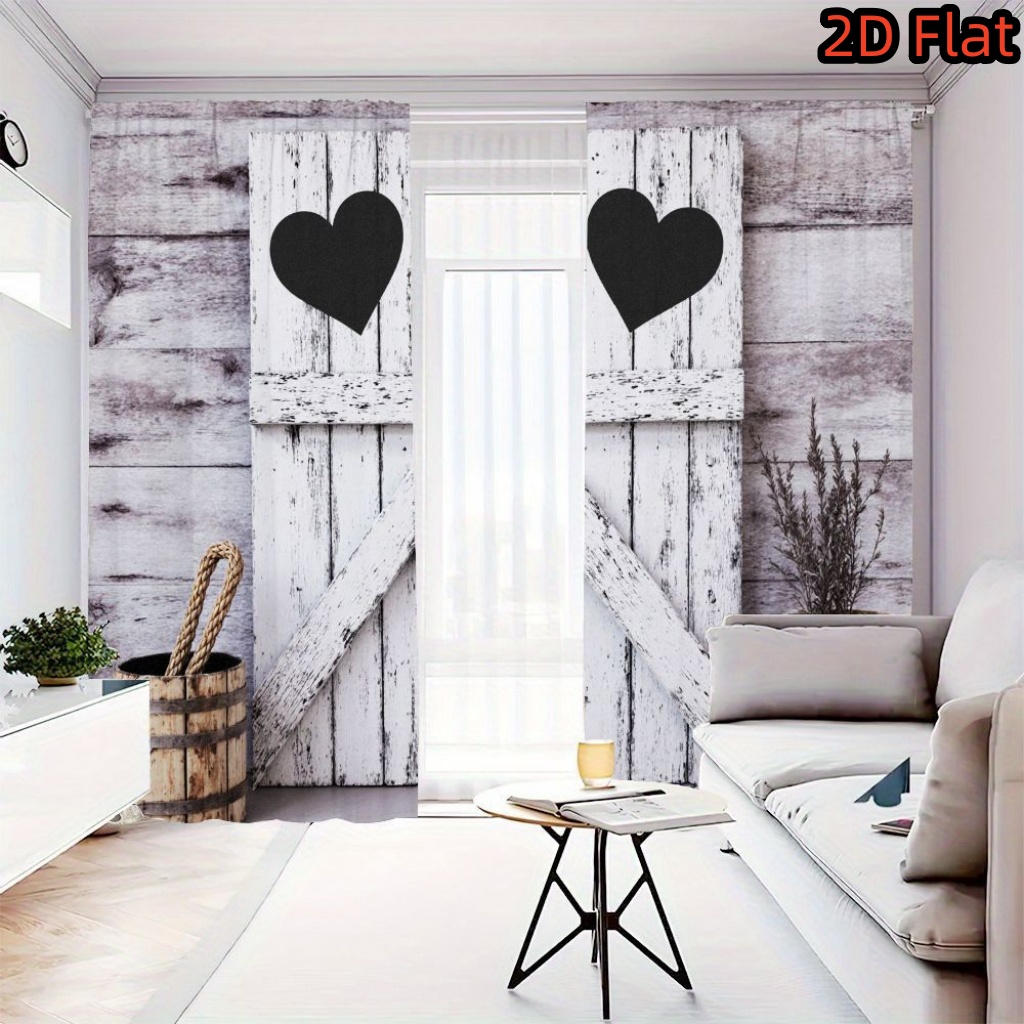 Image of 2d Flat, 2d Flat 2pcs Rustic Barn Door Heart Pattern Light Filtering Curtains, Farmhouse Style Decor, Rod , For Room Bedroom Study Decoration, 2d Flat