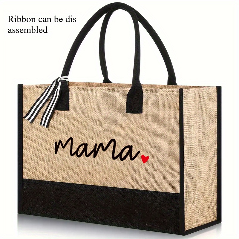 E-shop Große Kapazität Jute Tote Tasche - Spacious & Durable Shopping Handtasche mit "Mama" Design, Schwarzer Trim, für Strand & Reisen, Strand Tote