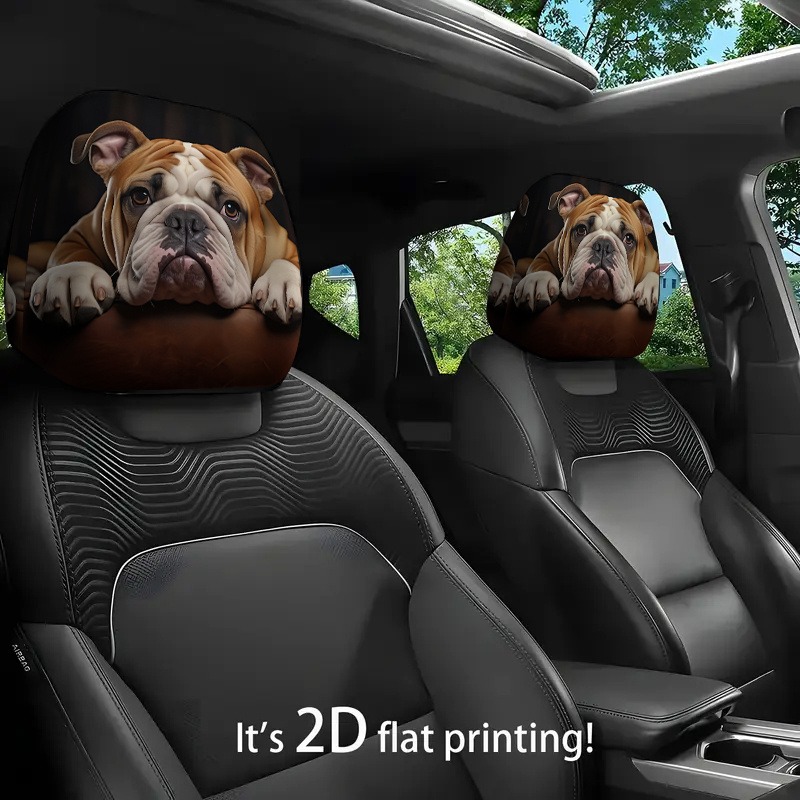 TEMU 2d Flat Printing 2pcs Set, Cute English Bulldog Themed Printed Covers, Headrest Protectors For Car Interior Decoration, Suitable For