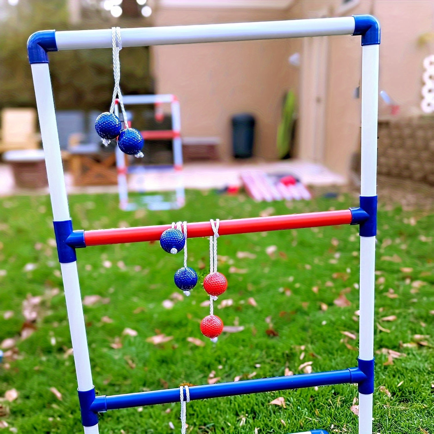 6pcs Ladder Toss Game Set - Durable PP Outdoor Throwing Balls in Vibrant Red/Blue Design, Includes Backyard Beach Games, Perfect for Family Parties and Backyard Activitie