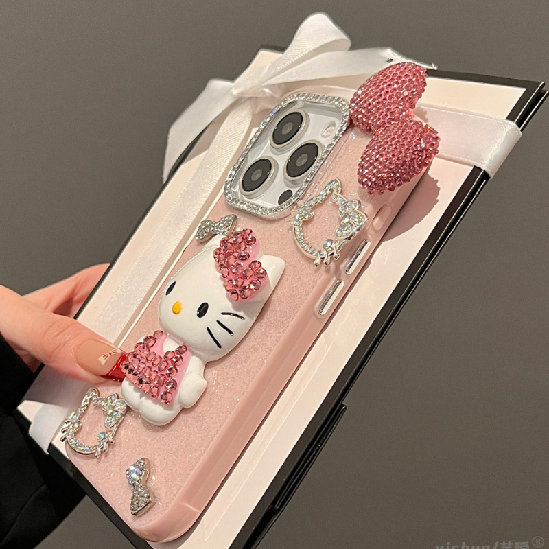 Korean-Style Sparkling 3D Diamond for hello kitty Bow Phone Case Suitable for Iphone 16 Pro Max, New Model for Apple 15 Pro, Perfect for, Light Luxury Design for 14 Pro, And Protective Case for 13