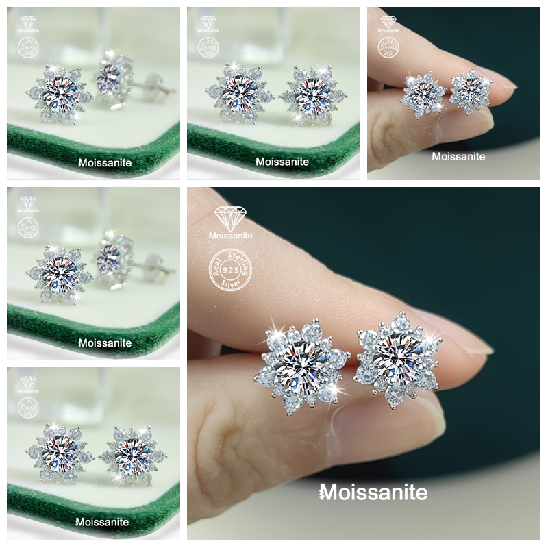 TEMU Moissanite Snowflake Stud Earrings For Women, 1 Carat White Moissanite, 925 Sterling Silver, White, Ideal For Party, Banquet, Ramadan, Gift