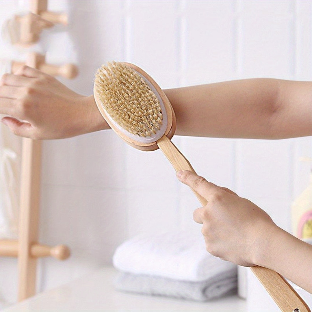 dual purpose long handled wooden back brush for scrubbing and exfoliating during showers   serves as a lotion applicator ideal for bathing Product details 2