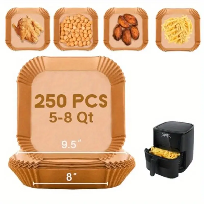disposable paper liner square 250pcs for 5 to 8 fryer baskets nonstick oilproof parchment liner , disposable air fryer paper liners, air fryer mat, rectangle air fryer liners, air fryer accessoires, air fryer , food prep tools, kitchen essentials, reusable alternative, easy , nontoxic coating, parchment, baking sheet, home cooks, kitchen enthusiasts Product details 1