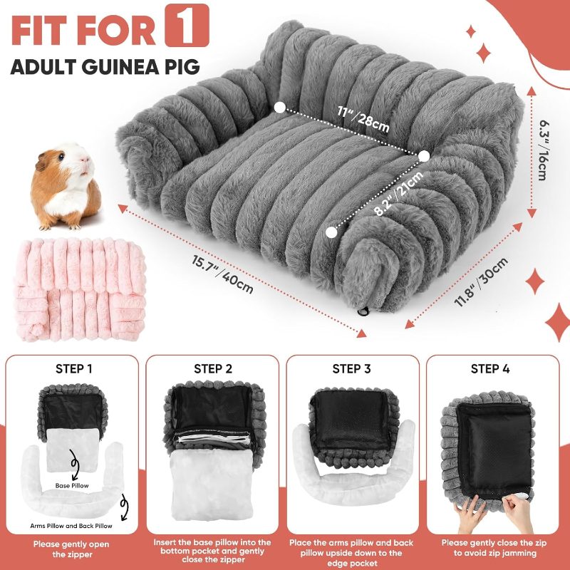 Guinea Pig Couch - Fluffy Small Pet Sofa with with Two Removable Washable Covers, Guinea Pig Bed with Stuffed Arms and Back, Cozy Corduroy Fleece, Pink and Dark Gray Respectively - Image 6