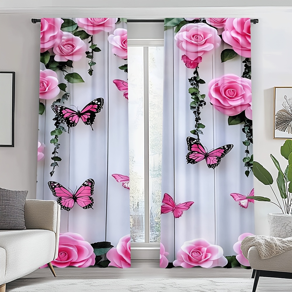 TEMU 2d Flat - 2d Flat - 2d Printing 2pcs Blossoms Door Curtain, Window For Bedroom Living Room Kitchen Study Room Home Decor