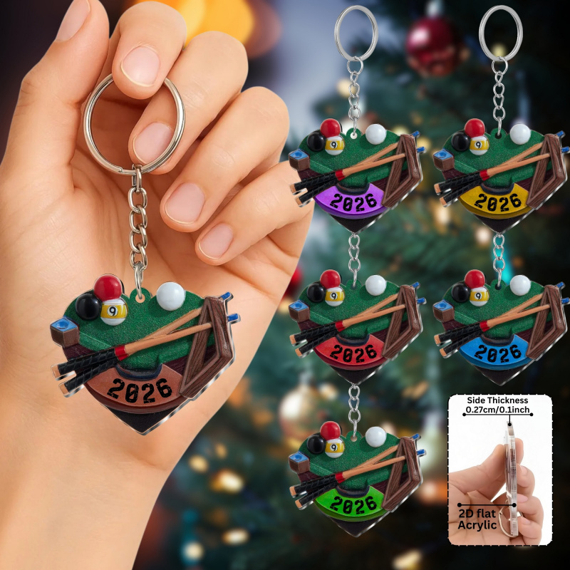 TEMU 2d Flat, 2d Flat - 6pcs Multicolor Heart-shaped Billiard Pattern Acrylic Keychain | 2026 Sporty Style Christmas & New Year Decoration, Ideal