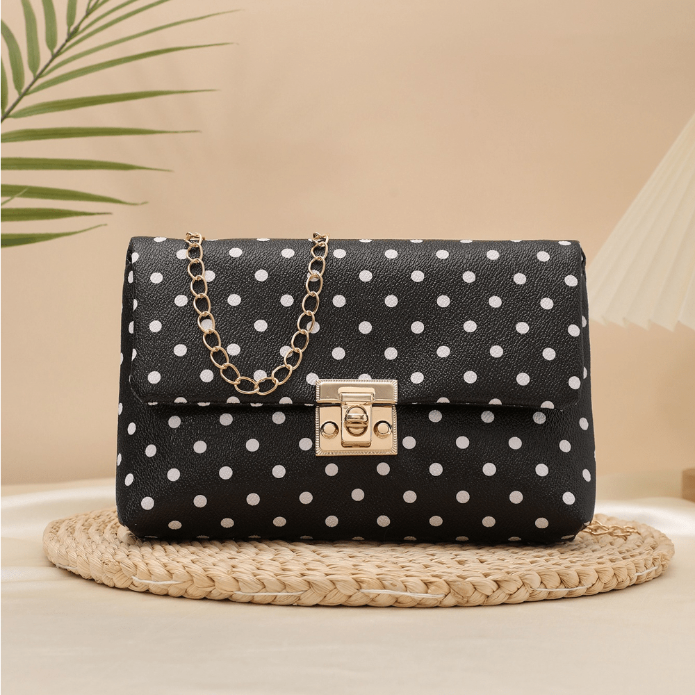 TEMU Women's Black White Polka Dot Flap Crossbody Bag, Vintage Shoulder Purse With Golden Twist Lock & Detachable Chain Strap, Elegant Mini Satchel