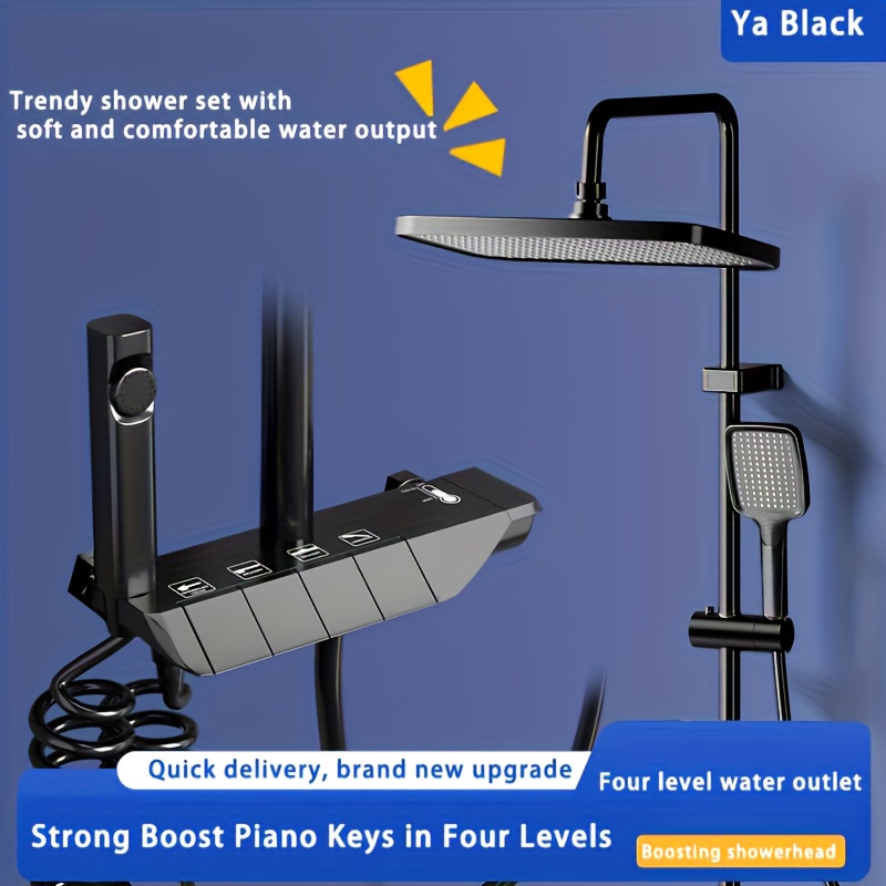 TEMU 1pc Luxury Piano Key Shower System - Head, Handheld Shower Spray And Wall-mounted Temperature Control, Bathroom Upgrade Set With Bathtub Nozzle,