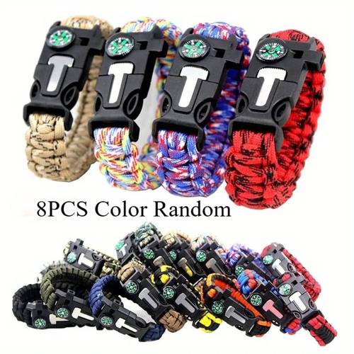 pulsera de de paracord de 8 piezas, colores aleatorios | acero de para encender , silbato, , mini | talla de muñequera ajustable para camping, bushcraft, kit de emergencia