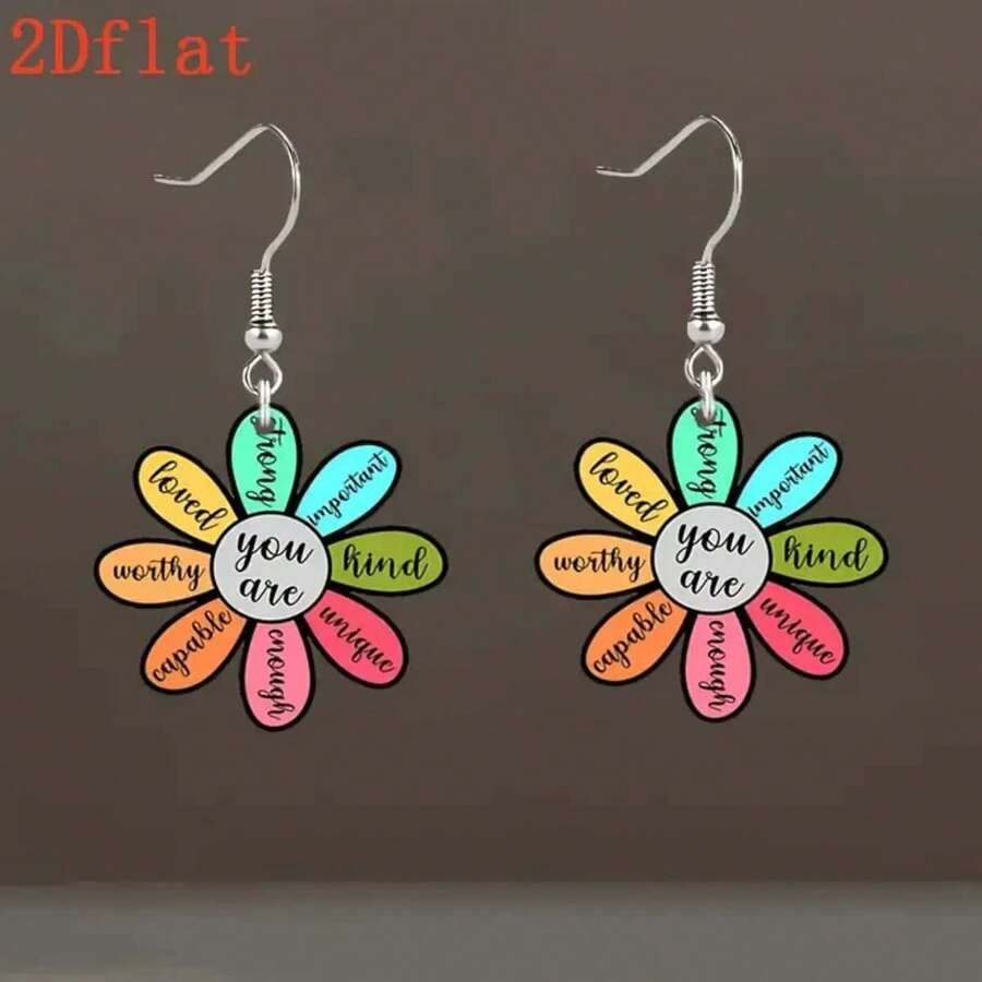 TEMU 2d Flat, 2d Flat Fun& Inspirational Flower-shaped Colorful Acrylic Pendant Earrings Lightweight Earrings| Colorful Earrings- Suitable For Women