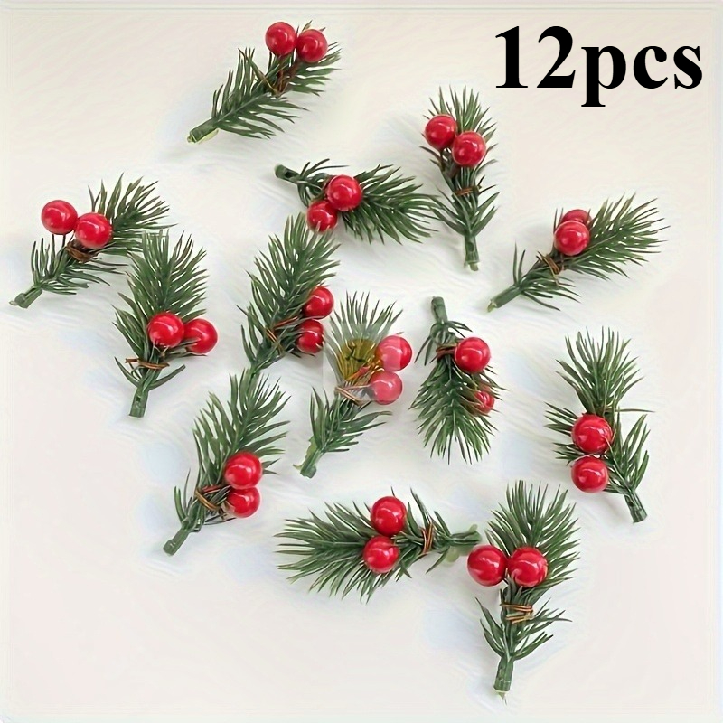 TEMU 12 pièces Branches de pin de Noël artificielles avec rouges et fleurs de fêtes en plastique, pour bricolage, décoration de boîtes cadeaux et