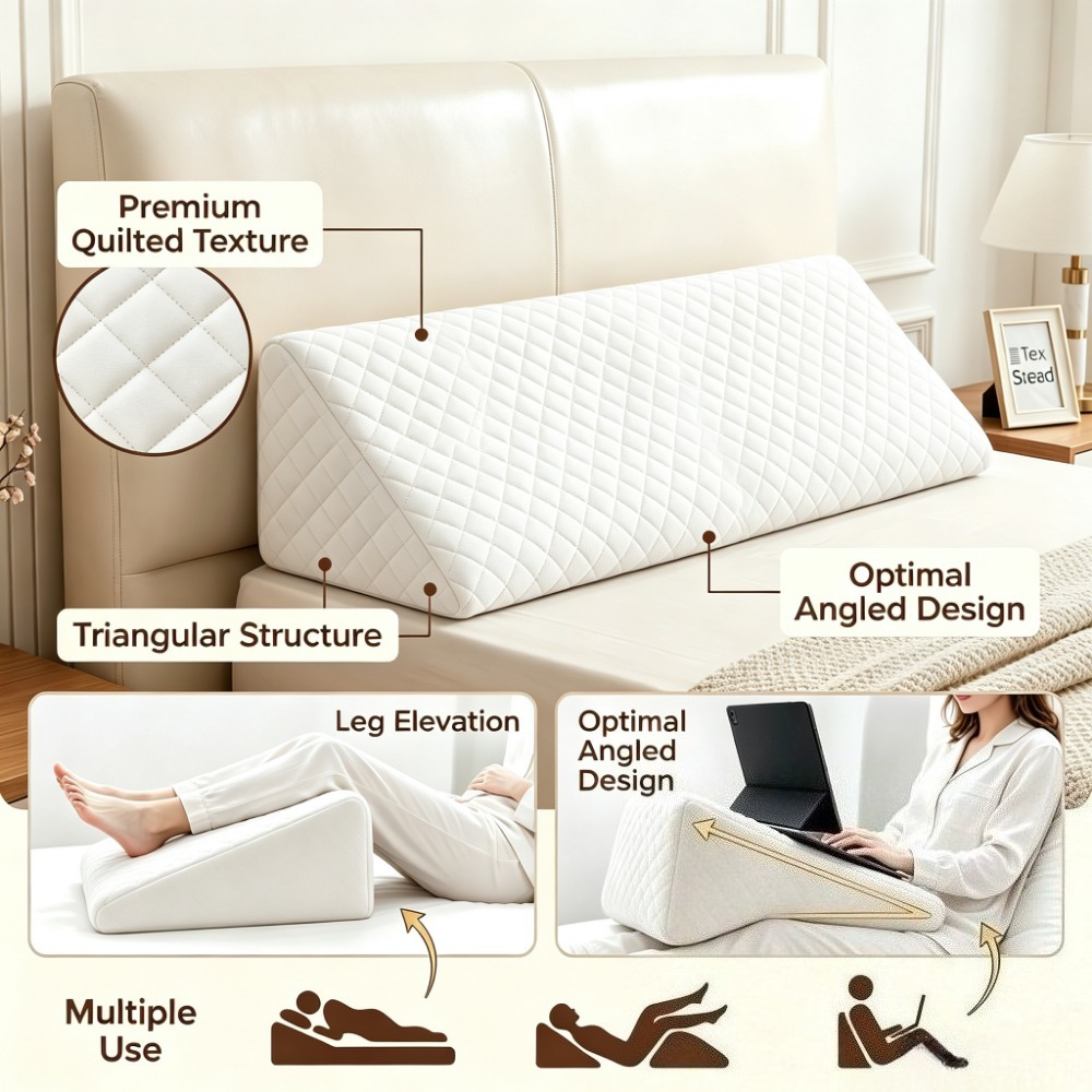 Image of Wedge Triangle Pillow, Back Support & Leg Cushion, Quilted Reading Back Pillow With Side Pocket For Couch Bed Use