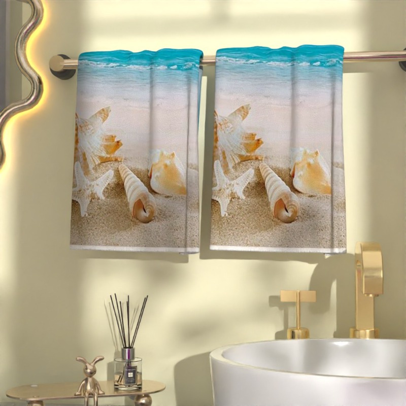 

2pcs Beach-themed Towels, 18x26 Inch, Super Soft Polyester, Quick-dry, Unscented, Woven, Ideal For Kitchen, Bathroom, Poolside, Shell Print, Perfect Gift For Beach Enthusiasts