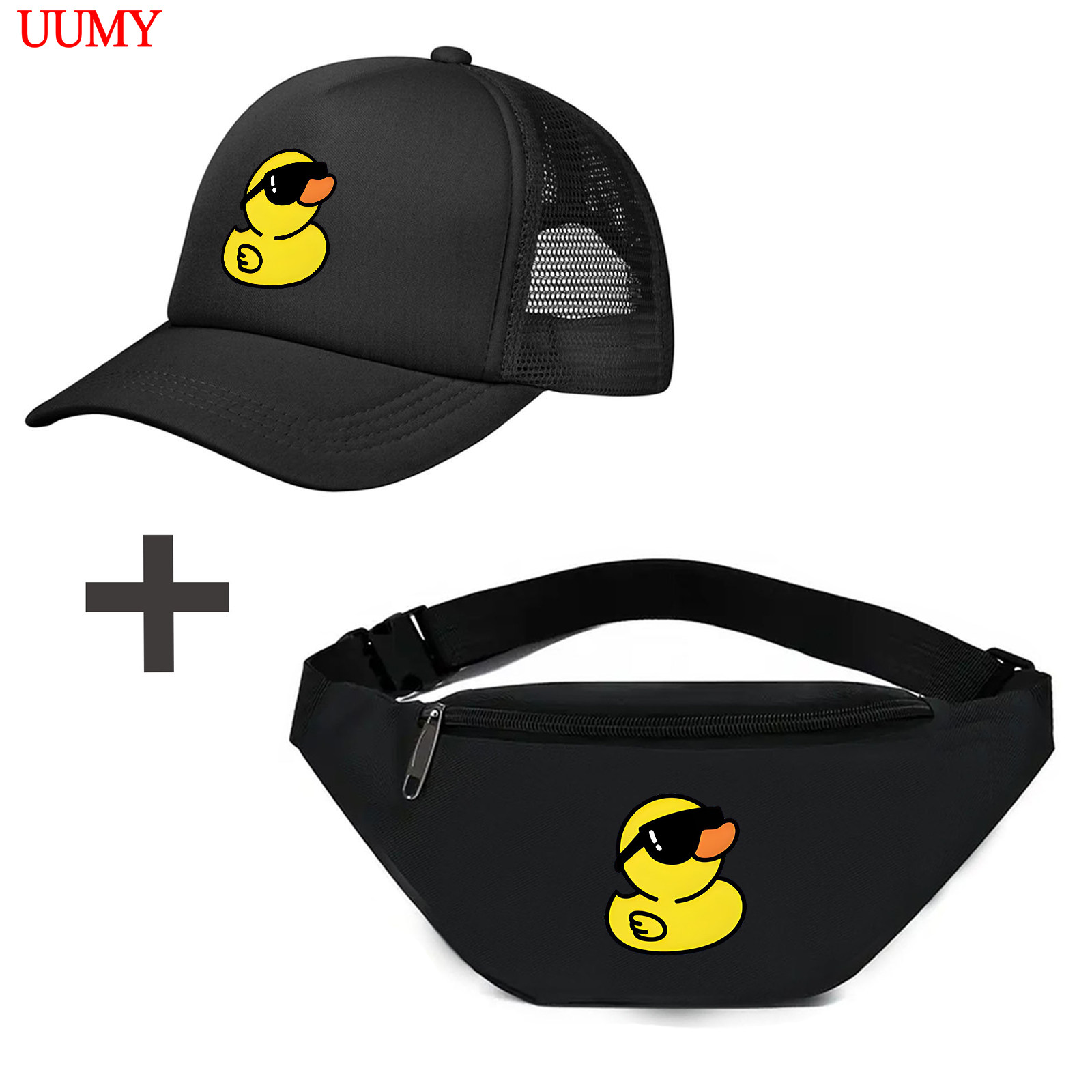 TEMU Yellow Duck Graphic Waist Bag And Cap Combo, Fun And Stylish Crossbody Pouch With Matching Cap, Cute For Casual , Use And Outdoor Activities,