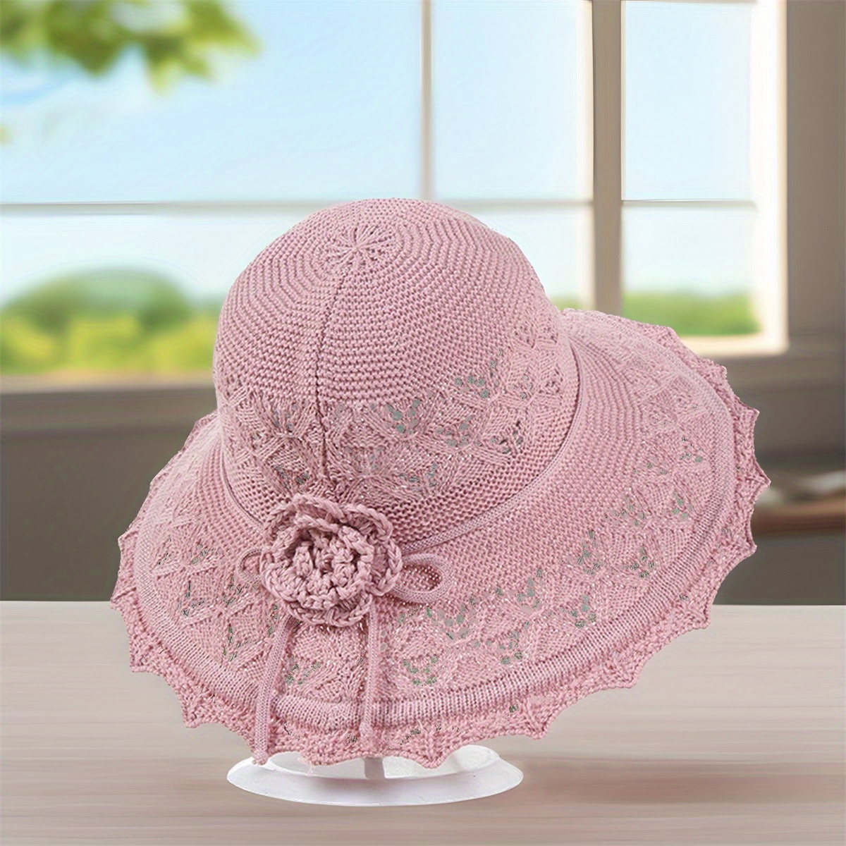 womens summer crochet straw hat bow knot flower wide brim - Temu display picture 1