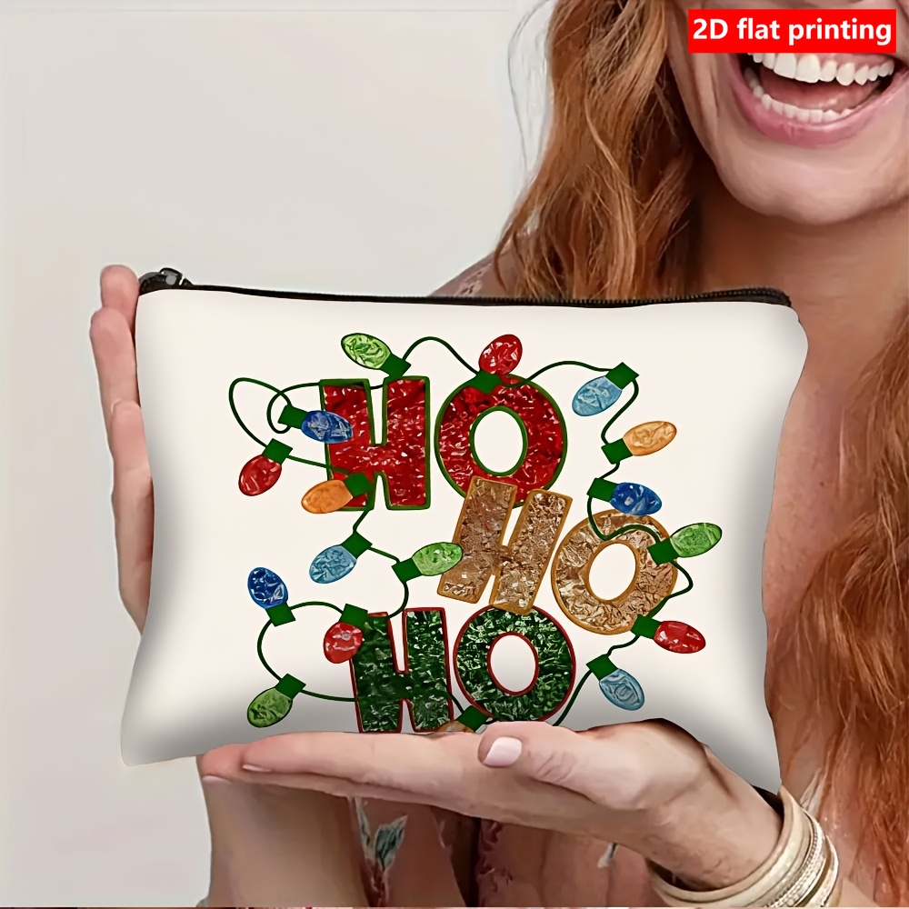 TEMU 2d Flat Printing 1pc Women's Christmas " Ho" And Twinkling Lights Makeup Bag - Elegant White Zippered Pouch With Golden/green/red/golden Tinsel,