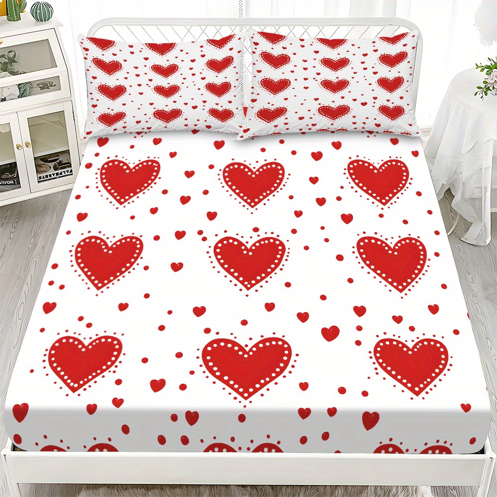 3pcs valentines day bedding set red hearts on white fitted sheet pillowcases soft mattress protector with deep pocket   to   machine washable   sheets for couples hotels dorms   design dorm essentials romantic decor durable construction hotel owners Product details 0