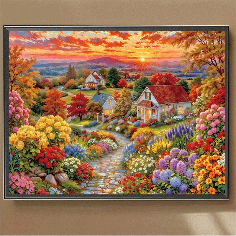 TEMU 1pc 1pcs Autumn Countryside Diamond Painting - Round Diamond Suitable For Living Room Bedroom Entryway, Handmade Landscape Picture With Floral