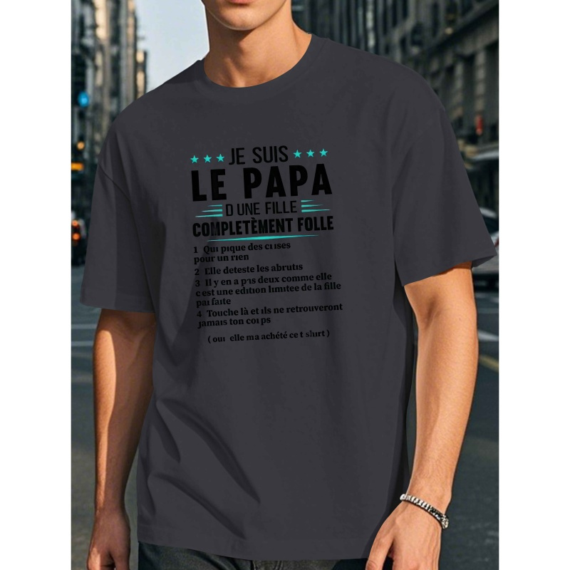 

Men's " Le Papa" Fun French Graphic T-shirt - Casual Black Polyester Tee With Accents, Short Sleeve, Round Neck, Summer Top, Machine Washable