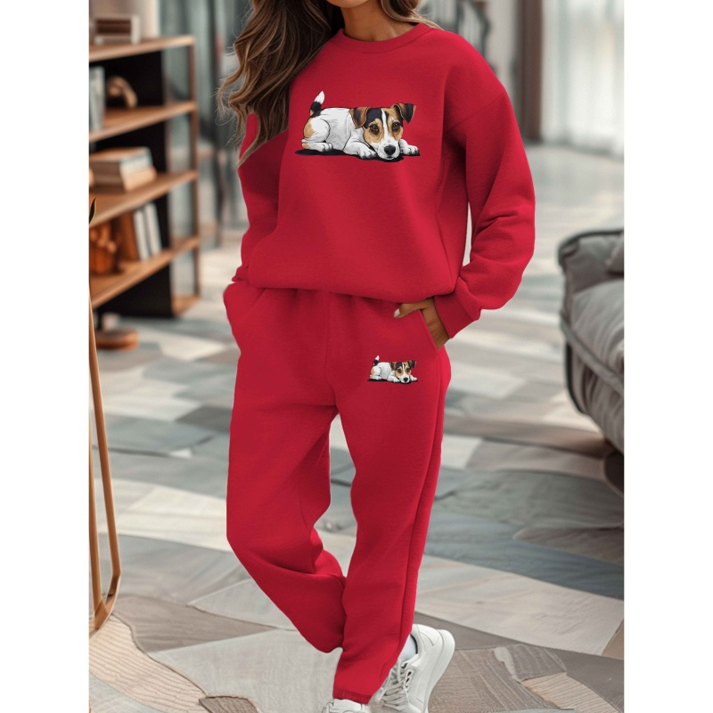 

Women's Terrier Cartoon Sweatshirt & Joggers Set - Polyester, Non-stretch, Machine Washable - Casual Fall/, Patches