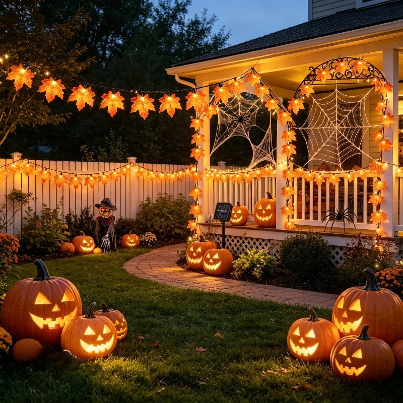TEMU Luci a LED a stringa solari a forma di foglia d'acero, 20 pezzi, esposizione luminosa per Halloween e festivit�, luci decorative autunnali per