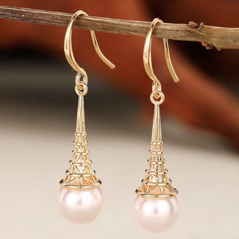 Women's Eiffel Tower Imitation Pearl Drop Earrings, Elegant Gift