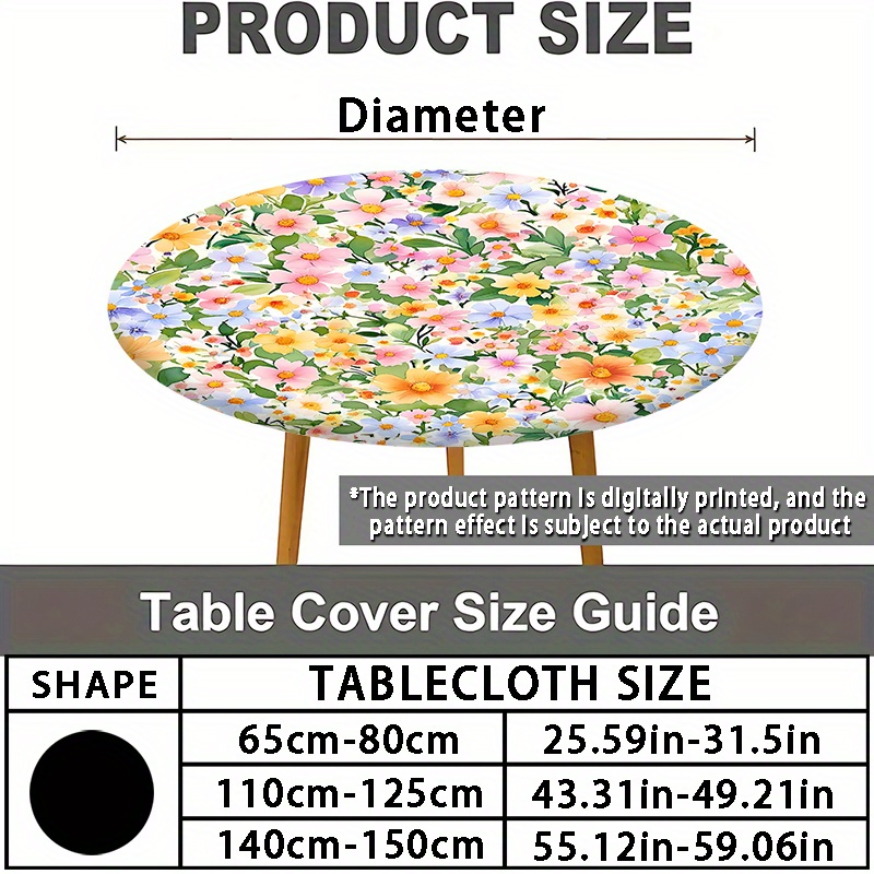 TEMU 1pc 2d Flat Watercolor Floral Print Elastic Round Tablecloth â , Full , Practical & Decorative For Kitchen, Dining, Outdoor Picnics, Camping,