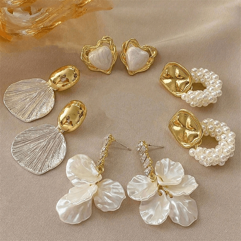 TEMU Lot de 4 paires de boucles d'oreilles créoles vintage élégantes à pétales en verre artificiel avec pendentif cœur, idéales pour , les fêtes, les