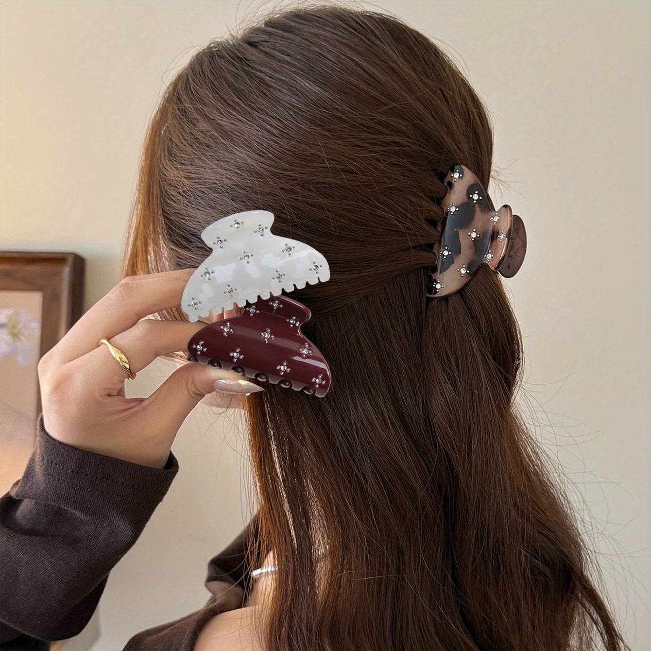 TEMU 3pcs Elegant Women's Rhinestone Half Round Hair Claw High-end Temperament Versatile Hair Claw For Thin Hair Half Up Ponytail Hair Bun Shark Clip