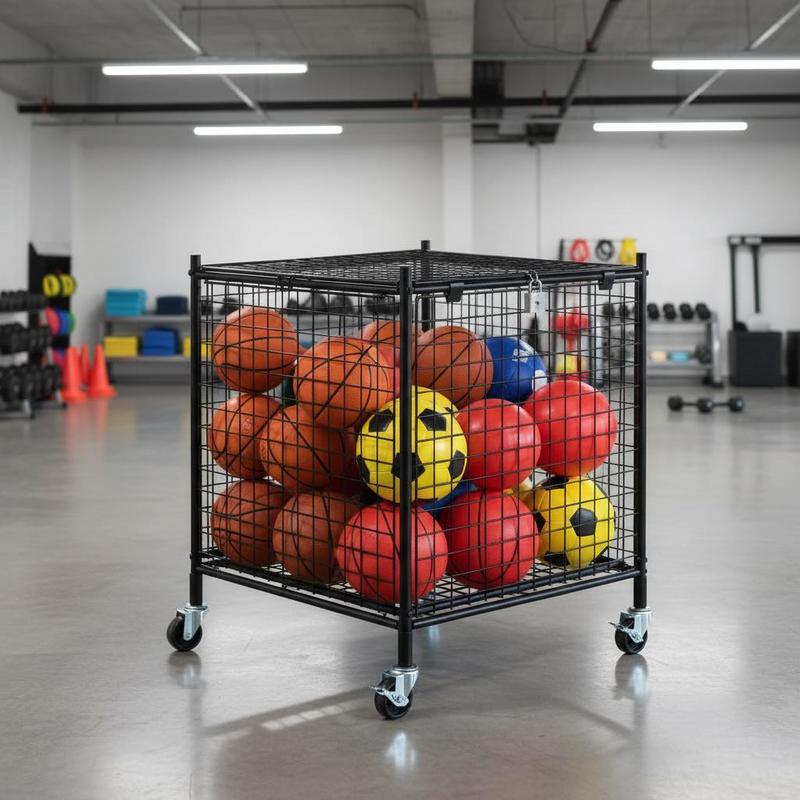 Image of Ball Storage Cart 36in For Gym School, Lockable Cage Elastic Straps Steel Rack, Organize Store Balls Equipment