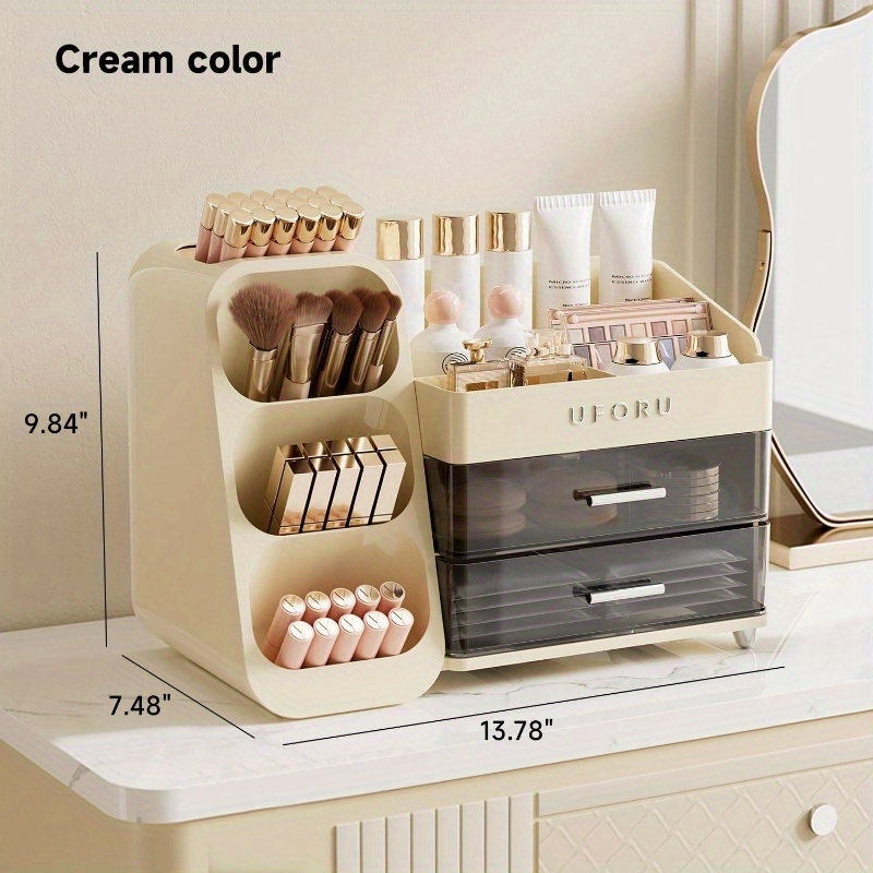 makeup organizer vanity with brush holder, countertop organizer with 2 drawers,   cosmetic display  , skincare, lipstick, makeup organizer with  , cosmetics storage organizer, makeup storage box, makeup organizers and storage, skincare storage, compact beauty display, modern vanity tray, lightweight storage solution, rustresistant organizer, makeup brush holder, skincare routine, makeup artists Product details 7