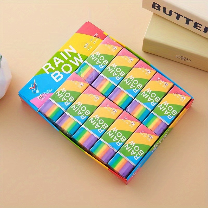 20pcs/box Rainbow Erasers, No Residue 2b Eraser With Handle For Writing And Drawing, Suitable For School Use Students