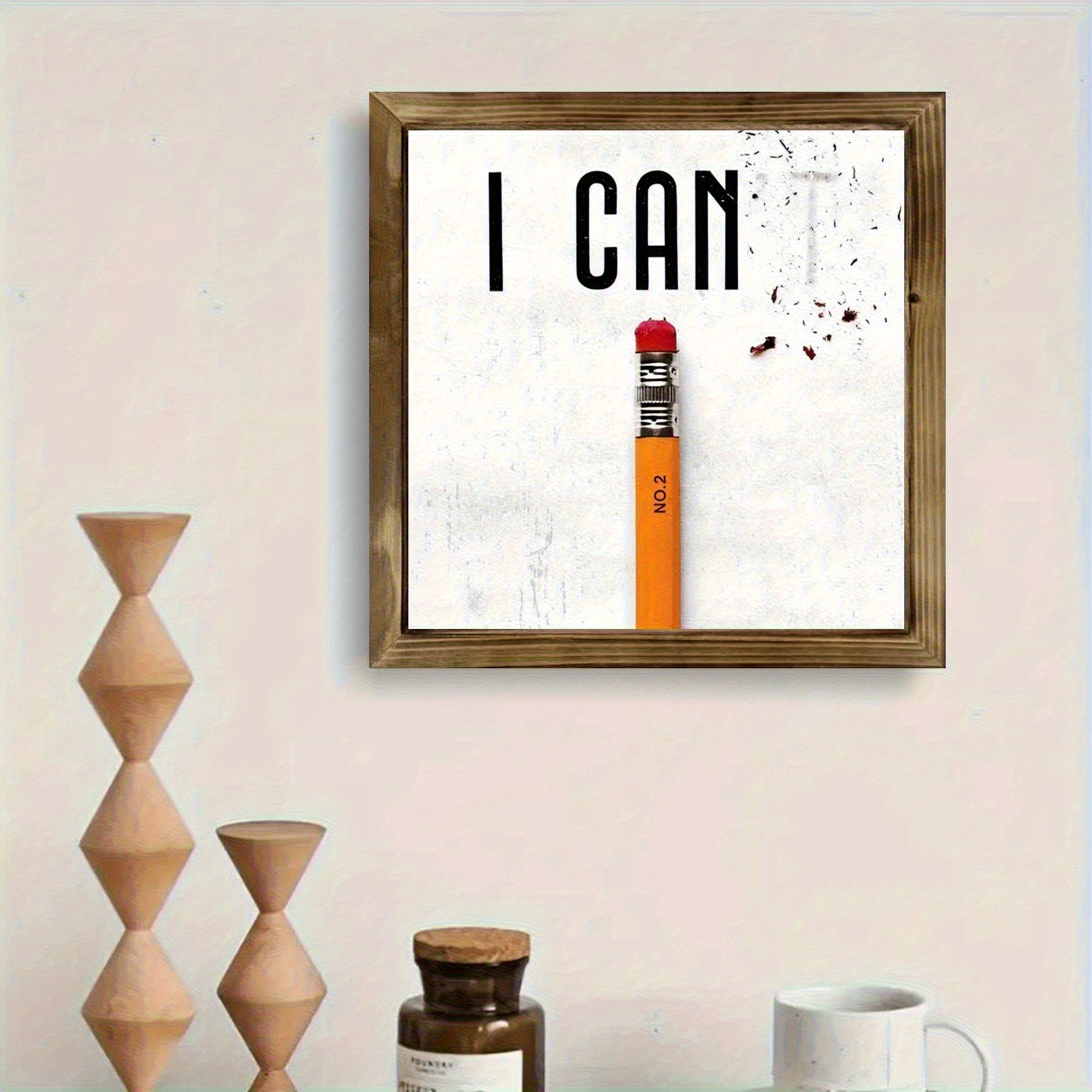 TEMU Vintage "i Can" Motivational Wooden Frame Sign - 8x8 Inch Wood Wall & Desk Decor With Red Pencil Accent, Durable Inspirational Office & Home