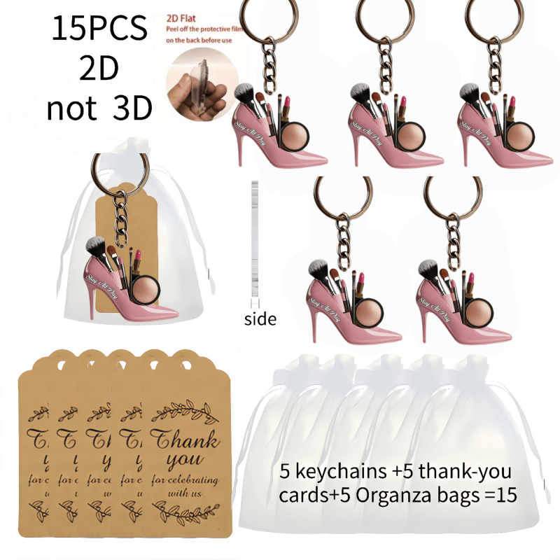 TEMU 2d Flat, 15pcs Cute High Heel Shoe Pattern Makeup Box Keychain Set, Fun 2d Flat Acrylic Design Multi-functional Keychain And Key Ring Decor,