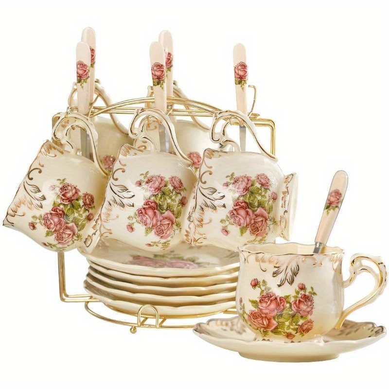     cups and saucers set of 6 8oz vintage floral porcelain tea cups set coffee cups with golden rack Product details 0