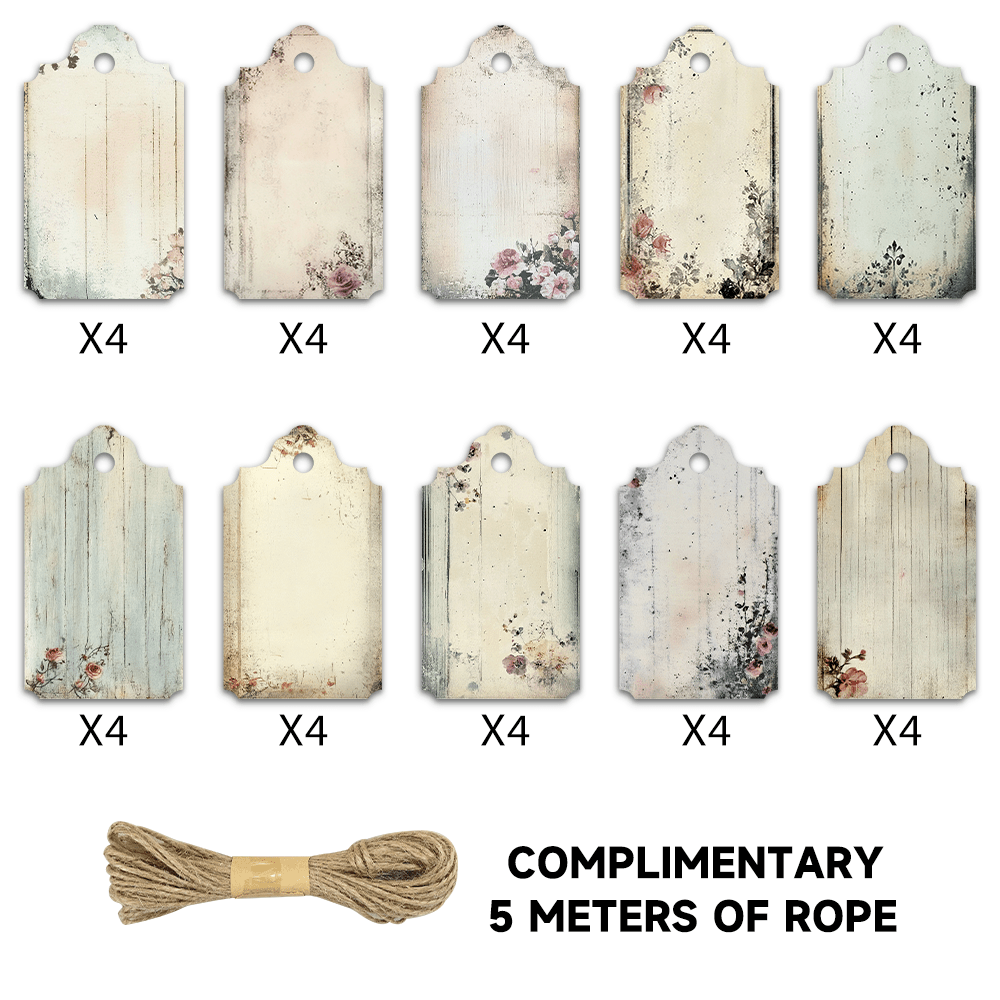 E-shop 40 Stück Vintage Blumen Nachrichtenanhänger, leere Etiketten, Teil einer Retro Distressed Serie, mit 10 verschiedenen Musterdesigns, für Karten,