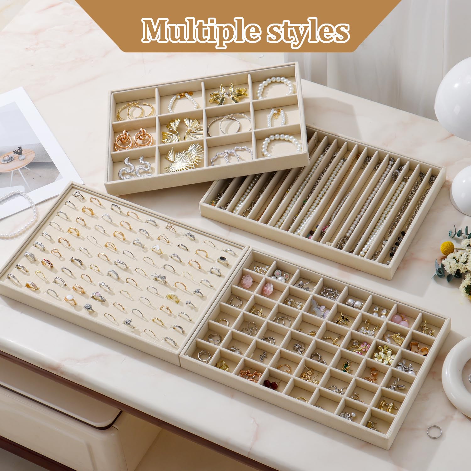 2pcs Large Velvet Stackable Jewelry Tray Organizer