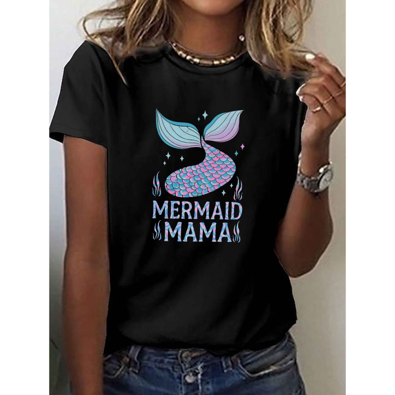 

Women's Mermaid Mama Print T-shirt, Casual Crew Neck Short Sleeve Top, Geometric Pattern Knit Polyester , , 95% Polyester 5% Spandex, 180gsm - Black